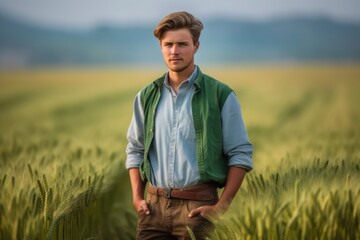 Young farmer standing in a green wheat field examining crop.Generated with AI