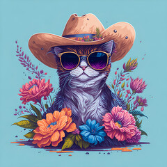 Illustration of funny cat head wearing sunlasses and western cowboy hat with colorful flowers over blue background, digital artwork 