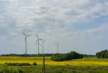 Wind farm on the rapseed field, with high wind turbines for generation electricity.