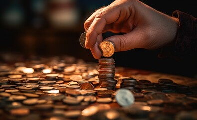 human hand putting a lot of money into stack of coin piles Generative AI