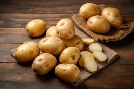 potatoes on a wooden table. Generative AI.