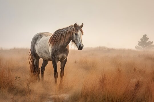 Beautiful Spanish Mustang Wild Horse on North Carolina Dunes in Autumn Fog. Majestic Domestic Animal with Blue Colors. Generative AI