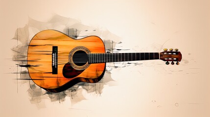 Guitar Sketch Illustration with Vignette Effect - A Hand-Drawn Music Instrument Drawing of Acoustic String Guitar: Generative AI - obrazy, fototapety, plakaty