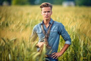 Naklejka na ściany i meble Young farmer standing in a green wheat field examining crop.Generated with AI