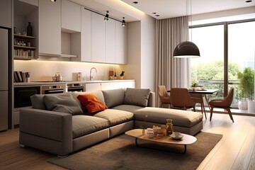 Stylish Apartment Interior with Modern Kitchen. Contemporary Design, Clean and Cosy. Ideal for Home Decoration and Inspirational Background. Generative AI