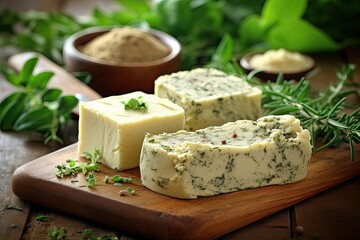 Variety of Aromatic Compound Butters with Herbs: Chili, Mustard, Basil and More! Homemade Flavoured Butter for Rich and Creamy Goodness. Generative AI