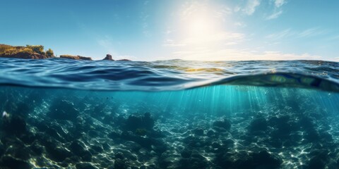 Fototapeta na wymiar Underwater bliss: mesmerizing blue sky and radiant sun on ocean water surface, generative AI