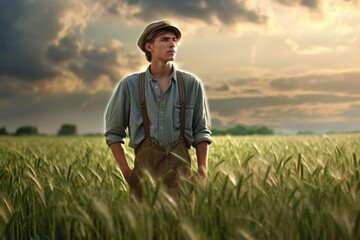 Naklejka na ściany i meble Young farmer standing in a green wheat field examining crop.Generated with AI