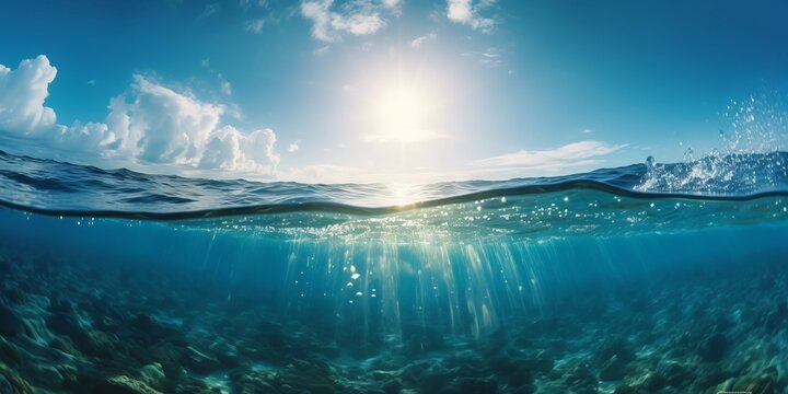 Underwater bliss: mesmerizing blue sky and radiant sun on ocean water surface, generative AI