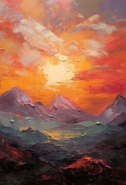 les montagnes semblant couvertes de nuages au lever du soleil, teintes cramoisies et ambrées, sereines et tranquilles © Merilno