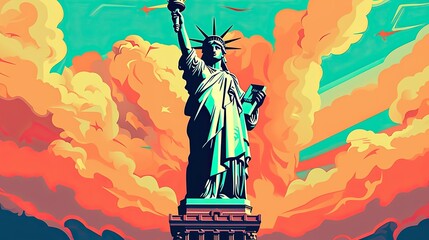 Scene silhouette of famous place   Beautiful landmark the Statue of Liberty in new york USA vector.Generated with AI. - obrazy, fototapety, plakaty