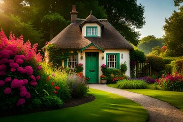 Fototapeta na wymiar An idyllic image of a charming cottage nestled in a picturesque countryside, surrounded by blooming flowers and rolling hills