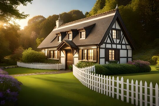 An idyllic image of a charming cottage nestled in a picturesque countryside, surrounded by blooming flowers and rolling hills