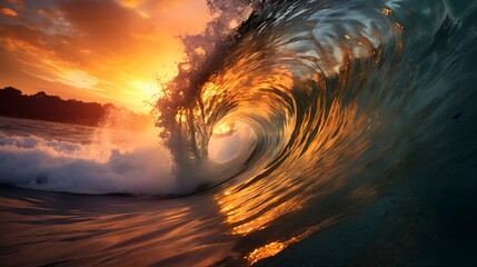 Sunset View of a Wave crushing into the Sea