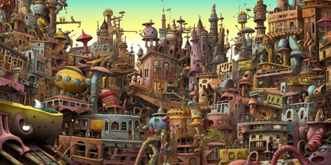 Fototapeta na wymiar illustration of a surreal chaotic and fictional city, crazy fantasy landscape, generative ai