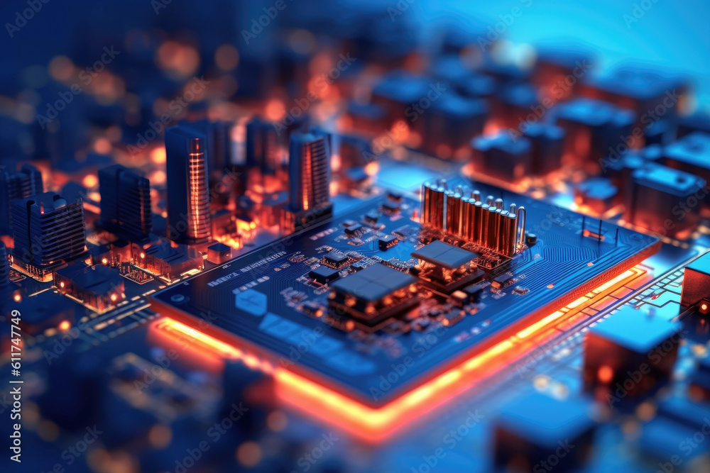 Poster Computer Motherboard With a CPU Processor in the Shape of an Abstract Digital City extreme closeup. Generative AI
