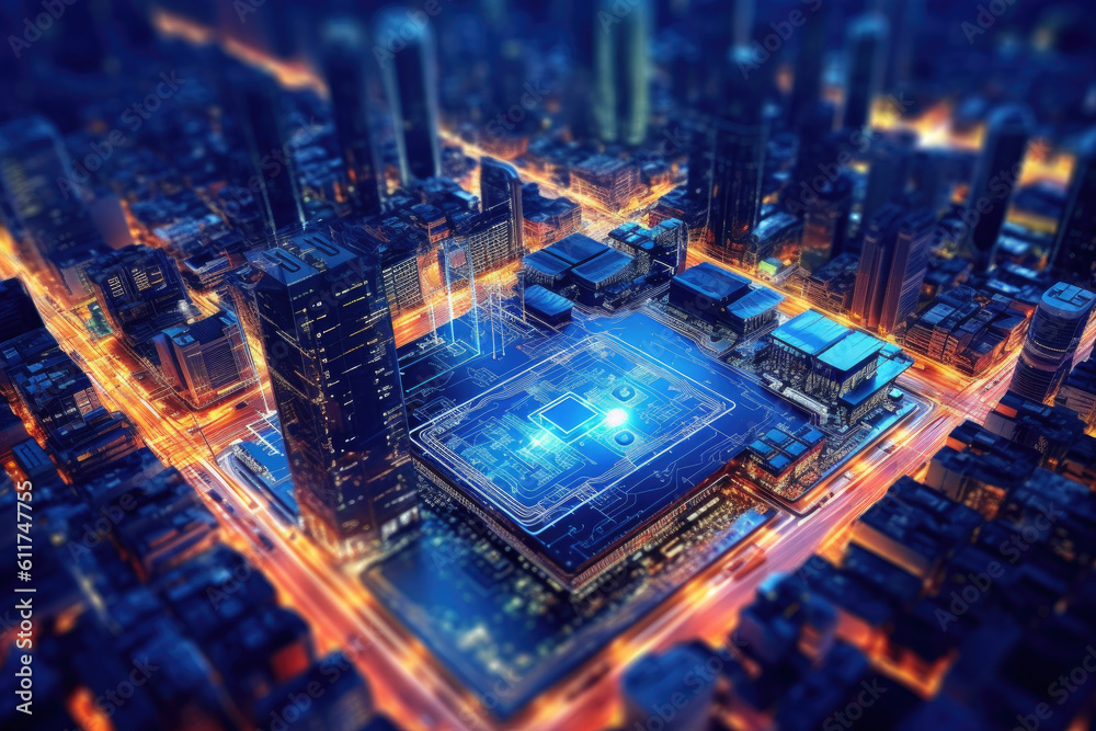 Poster Computer Motherboard With a CPU Processor in the Shape of an Abstract Digital City extreme closeup. Generative AI