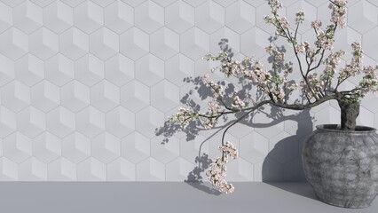 Blank  clean wallpaper hexagonal texture wall and plant for luxury product display, interior design decoration background 3D rendering.