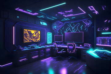 Neon futuristic glowing interior game room. Generative AI