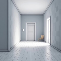 Empty Corridor Interior with Doors, Chair and White Walls extreme closeup. Generative AI