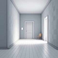 Fototapeta premium Empty Corridor Interior with Doors, Chair and White Walls extreme closeup. Generative AI