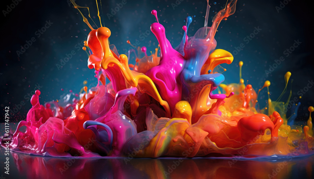 Poster abstract color paint splash drops in water on a black background. generative ai