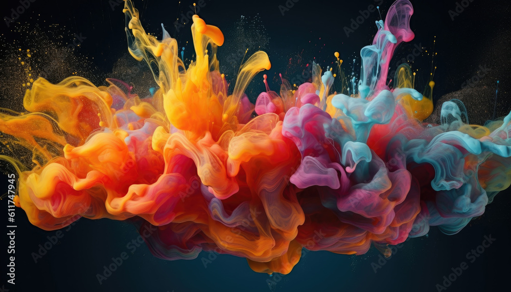 Poster abstract color paint splash drops in water on a black background. generative ai