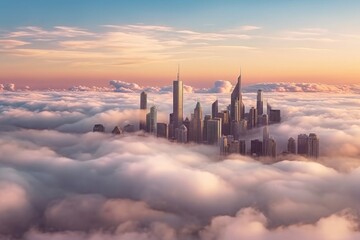 Naklejka premium Panorama top of clouds and skyscrapers above the clouds . Generative AI