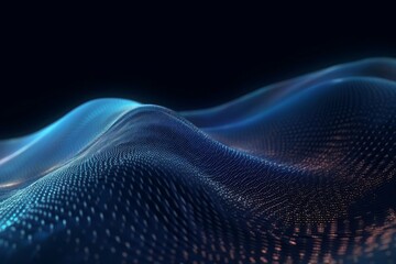 Digital dynamic cyber wave. Abstract futuristic blue background with dots and lines. Big data visualization. 3D rendering. Generative AI