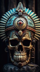 Obraz premium Un crâne avec un thème aztèque et des runes rougeoyantes. Montezuma roi.