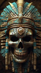 Obraz premium Un crâne avec un thème aztèque et des runes rougeoyantes. Montezuma roi.
