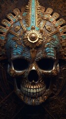 Un cr&acirc;ne avec un th&egrave;me azt&egrave;que et des runes rougeoyantes. Montezuma roi.