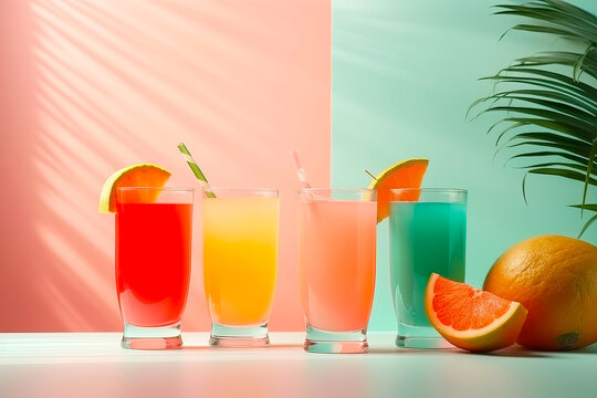 Tropical cocktail set on minimal pastel background. Generative AI illustration