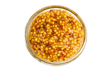 Bowl with french mustard isolated on white background with full depth of field. Top view. Flat lay.