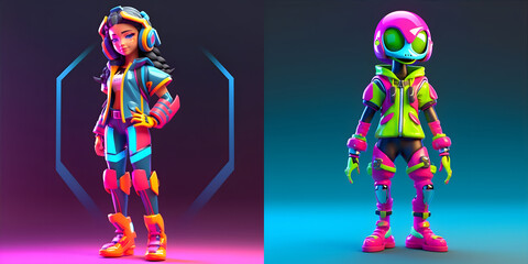 Obraz na płótnie Canvas 3D cartoon metaverse set. Character in vibrant neon colors, a cyberpunk vibe. Front view. Charm and a touch of futuristic flair. Generative ai.