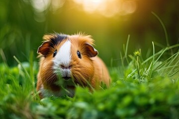 Adorable Guinea Pig Enjoying Summer Walk in Fresh Green Grass - Cute Pet Rodent Eating Outdoors: Generative AI - Powered by Adobe