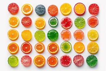 Assorted Fruit Flavored Hard Candy: Sweet and Sugary Treats Isolated on White Background. Top View of Cut-Out Group in Studio Shot. Generative AI