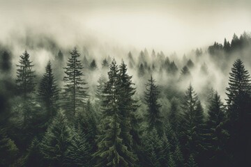 Enchanting Forest Landscape in Misty Morning. Nature & Travel Background in Hipster Vintage Retro Style with Fog, Mountains, Hills & Natural Scenery: Generative AI