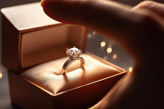 Close-Up of Woman's Hands Opening Engagement Ring Box. A Concept Image of Diamond Ring for Bride & Couple Dating in Elegant Dress. Generative AI