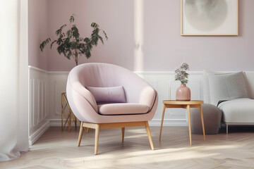 Delicate pink armchair in a modern classic interior. Generative AI illustration