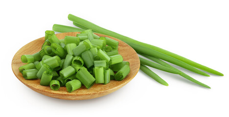 Green onion in wooden bowl isolated on the white background with full depth of field