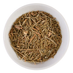 Overhead view of pine needles (Pinus) in a white bowl, isolated on background