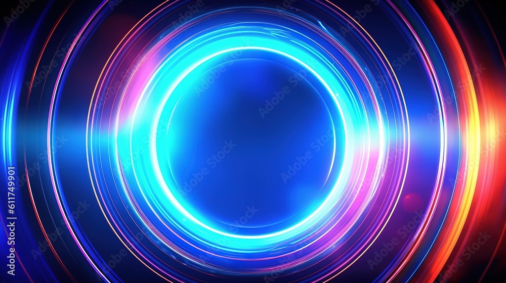 Wall mural abstract blue background with circles. radial neon background with light effects. generative ai