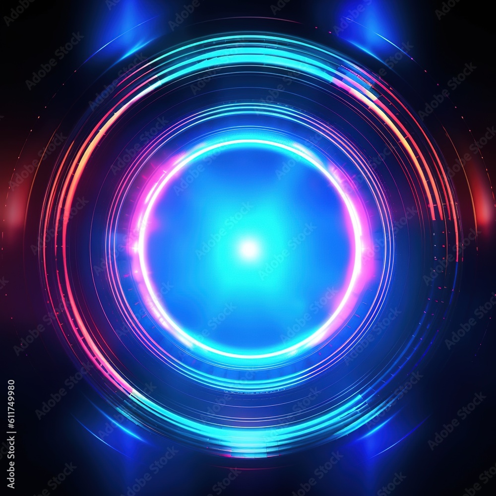 Wall mural abstract blue background with circles. radial neon background with light effects. generative ai