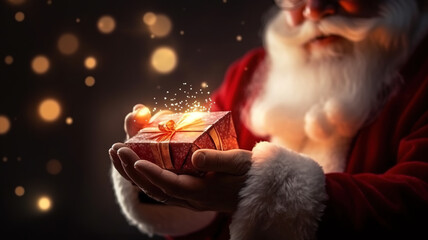 Santa Claus give gift on dark lighting background. Christmas present concept. Generative AI