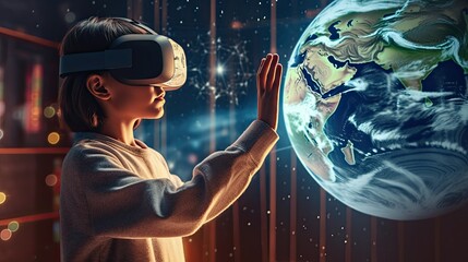 Exploring planet earth with a VR/AR headset. Learning with high technology. High technologies in education. Generative AI.