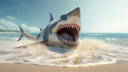 Huge angry shark on the seashore. AI generation
