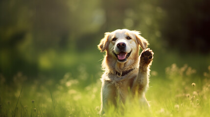 Cheerful dog shows his paw on the background of nature. AI generation