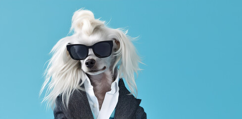 Shaggy dog with glasses on a blue background. Copy space. Banner. AI generation