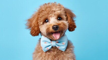 Cute poodle with a bow on a blue background. AI generation